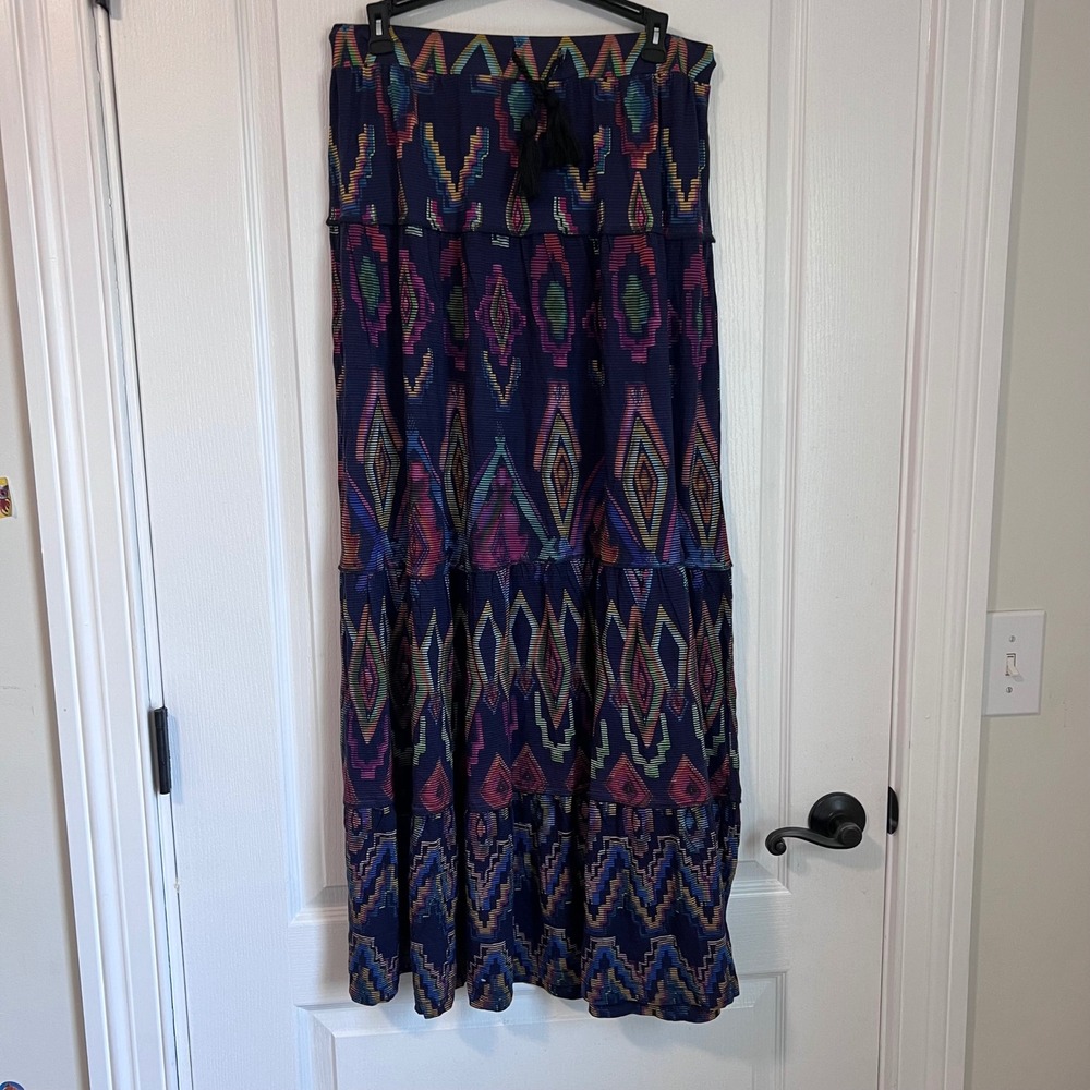 Desigual Fal Norah Navy Multi Geometric Tribal Tiered Maxi Skirt Size Medium NWT